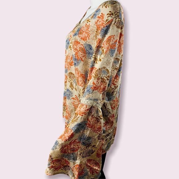 Bobeau Blouse Boho Floral Kimono Sleeve Pullover Top Beige Flowy Medium - Picture 5 of 9